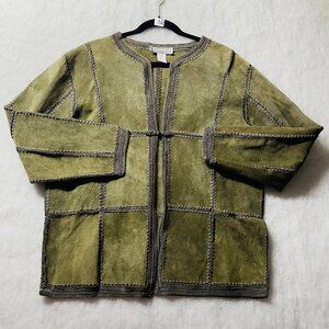 Vintage S.M.H. Womens Olive Green Leather Crochet Accents Boho Jacket Size 14